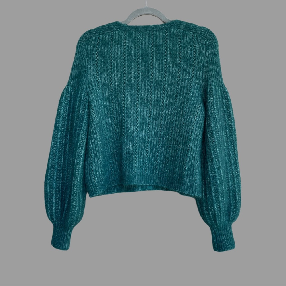 SEZANE Emerald Teal Green Mohair Wool Balloon Sleeve Alyssa Cardigan Sweater - Picture 9 of 13
